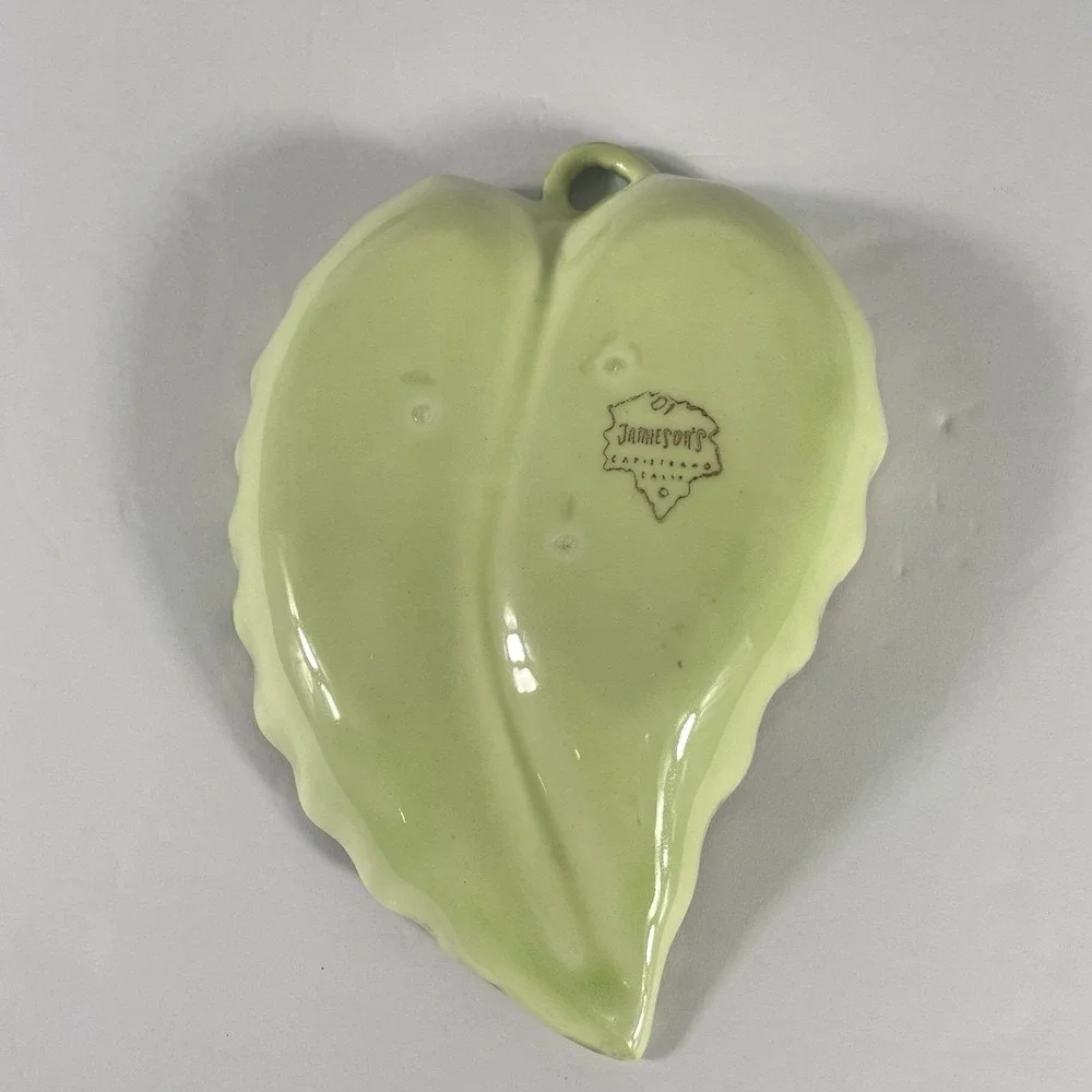 Vintage Jamieson's‎ California Pottery Leaf Dish Green Burgundy Glazed Ceramic